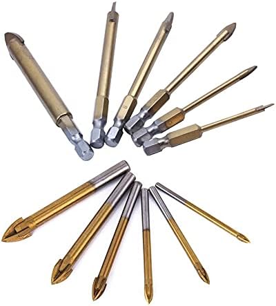 Drill Bits For 12Pcs Titanium Coated Glass Drill Bits For Set 4 Cutting Edges Cross Spear Head Drill With Hex Shank, 6 Pcs A & 6 Pcs B