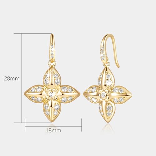 Eloqueen 14K Gold Earrings for Women Gold Dangle Earrings for Women Flower Earring with Cubic Zirconia Elegant and Good Fortunate Four-Leaf Flower CZ Drop Earring for Womens Dangling4