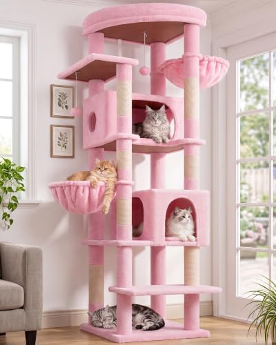 Globlazer Pink Heavy Duty Cat Tree, 74in Sturdy Cat Tower for Large Cats Adult, Big Cat Tree with 7 Sisal Scratching Posts, 2 Padded Condos, 2 Dual-Ear Hanging Baskets, Enlarged Top Perch, S74, Pink