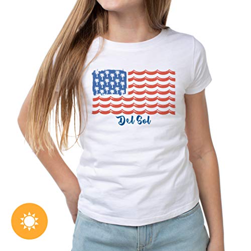 Del Sol Color Changing Youth Girls Crew Tee, Tropical Americana, White, Size YXL3