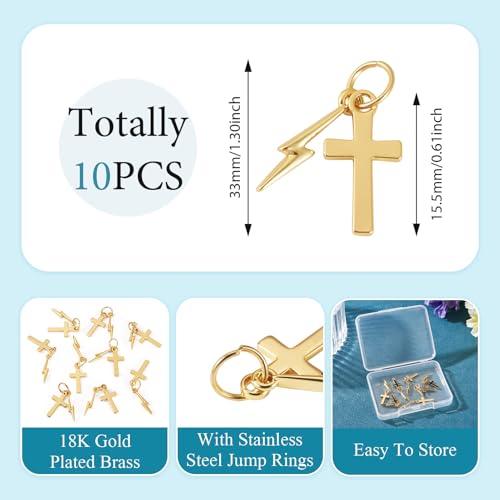 Image of 10Pcs 18K Gold Plated Cross Charms Brass Golden Crucifix with Lightning Bolt Pendants Permant Metal Jewelry Charms with Jump Ring for DIY Bracelet Necklace Earring Jewelry Making
