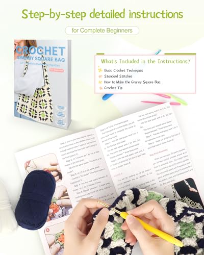 Image of Katech Crochet Kit for Beginners-Granny Squares Crochet Bag Kits for Adults and Kids-Knitting Kit with Crochet Yarn for Crocheting and Knitting-Step-by-Step Instructions- Crochet Hooks- Holiday Gift