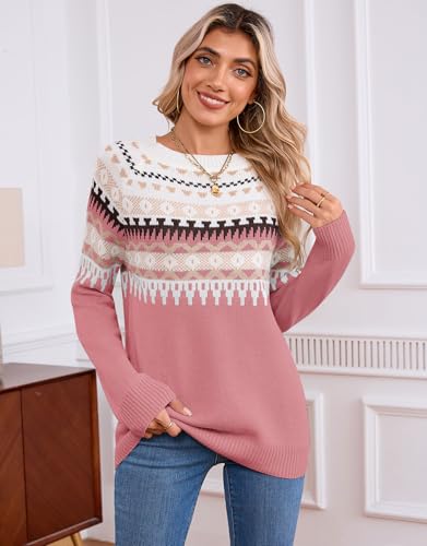 Image of Women's Fair Isle Sweater Crew Neck Long Sleeve Heart Sweater Vintage Tops