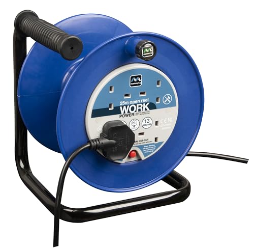 Masterplug Four Socket 25 Metre Open Cable Reel Medium Extension Lead Reel Wind-Up Power Retractable Cord Reel Heavy Duty Thermal Cut Out Work Power Blue/Black 13A 4G 25m LDCC2513/4BL