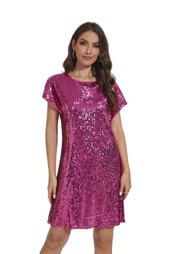 Image of Women's Crewneck Sequin Shift Dress Short Sleeve Casual Holiday Sparkly Party Dress