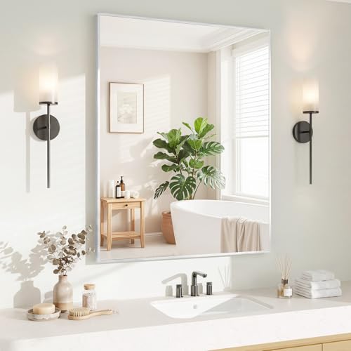 Image of Koonmi Silver Rectangle Wall Mirror, 30x36 Inch Bathroom Mirror, Aluminum Frame Vanity Mirror for Entryway, Living Room, Bedroom Bathroom, Hangs Horizontally or Vertically