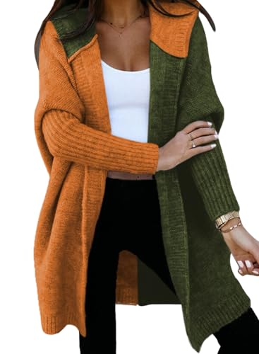 Image of Astylish Women 2026 Fall Clothes Outfits Hooded Knit Cardigan Sweaters | Open Front, Long Sleeve, Color Block, Fashion Clothing, Outwear Coats