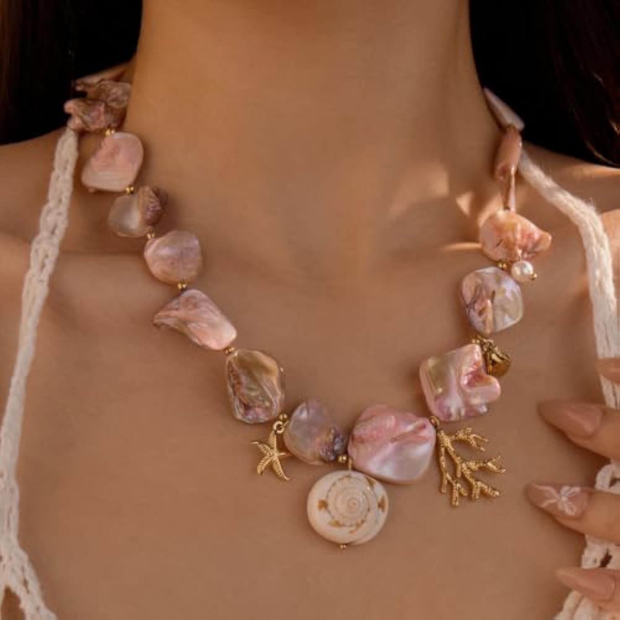 Gold and Pearl Shell Necklace, 18K Gold Plated