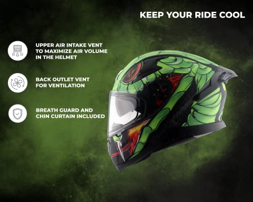 Image of Axor Apex Venomous ISI ECE DOT Certified Full Face Dual Visor Helmet for Men and Women with Pinlock Fitted Outer Clear Visor and Inner Smoke Sun Visor Dull Black Neon Green(M)