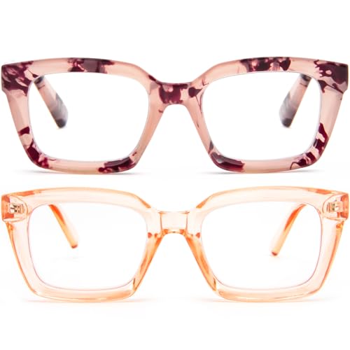Image of REAVEE 2 Pack Oversized Reading Glasses for Women Men Blue Light Blocking, Ladies Stylish Retro Square Large Computer Readers (Pink Leopard /Tea 2.0x)