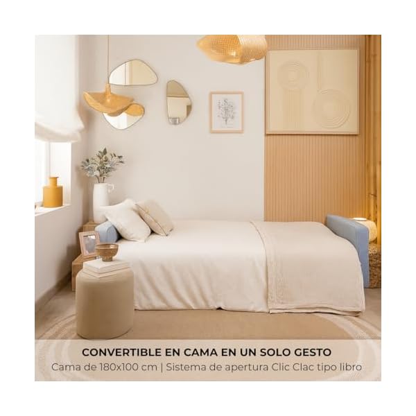 Don Descanso, Sofá Cama 3 plazas Reine, Tapizado en Tela, Sistema Apertura de Libro o Clic-clac, Medida sofá: 201x73x79 cm, Medida Cama: 201x99x42 cm, Incluye 2 Cojines