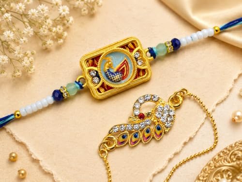 Arvnika Rakhi, Premuim unique bracelet for Brother and Bhabhi, Peacock and Lumba Designer Fancy Bracelet, Multicolor stones, Rakhi Gift set for Bhaiya Bhabhi, Set of 2. by Arvnika - Used condition - Image 2