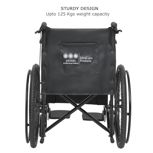 Image of Antara AGEasy (Max Group) Foldable Wheelchair for Old people, Adults & Patients | Extra Wide Seat, Spoke Wheels, Hand Brakes & Bottle Holder | Sturdy Frame, Lightweight, Adjustable Footrest and Seatbelt for Safety (WheelEasy Pro - Black)