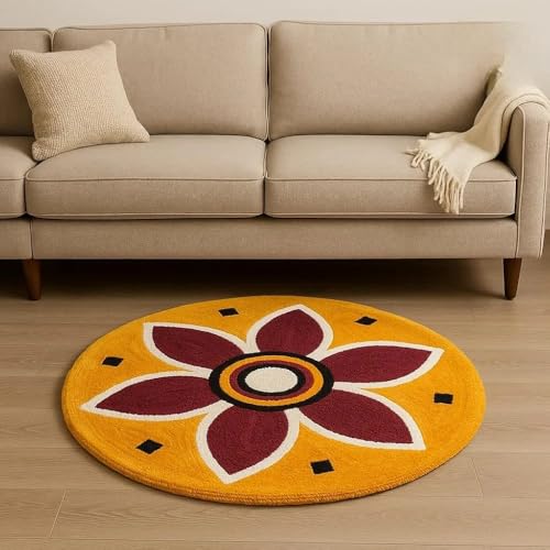 Image of Super Soft Microfiber Traditional Modern Rangoli Door Mat for Home, Living Room, Beside Runner for Bedroom Decoration (24 x 24 Inch, Floral),Yellow