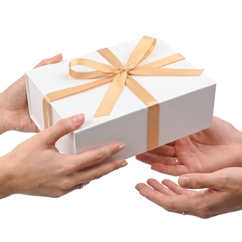 Image of LIFELUM Gifts Boxes Bulk 9.5 x 7 x 3.5 inch Elegant Gift Box with Magnetic Lids, Card,Sticker,Ribbon, Shredded Paper Filler (White, 1 count (Pack of 1))