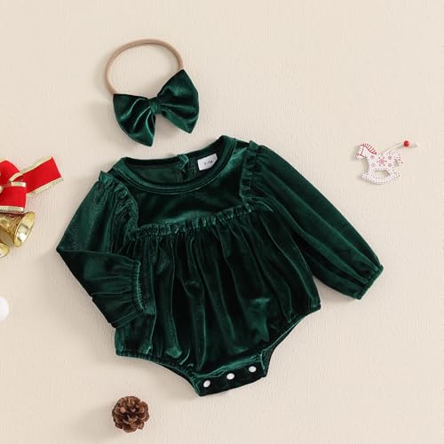Baby Girls Valentine's Day Romper Solid Color Clothes Long Sleeve Velvet Infant Fall Winter Jumpsuits with Headband2