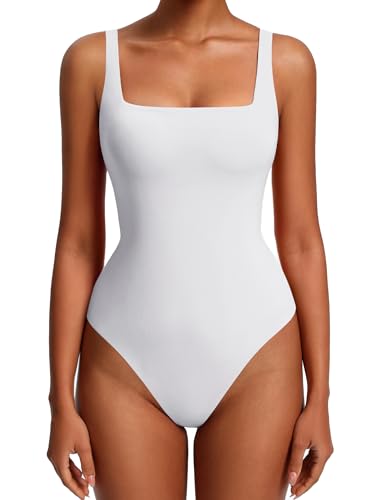 Avidlove Womens Sexy Square Neck Bodysuits Backless Double Lined Tank Tops Thong Body Suits Going Out Outfits(White L)
