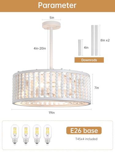 Image of Ceiling Fans with Lights and Remote - Bulbs Included, Caged Fandelier with Handcrafted Beaded Decor 19 inches Reversible Flat and Angled Ceiling Installation, White