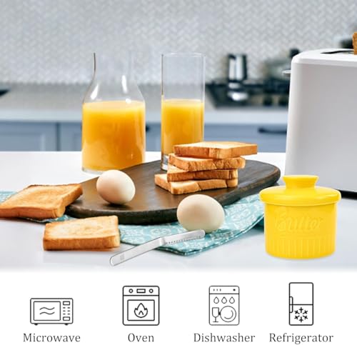 Image of Butter Crock with Water Seal Lid - 192 mL Ceramic Butter Keeper, Airtight French Butter Dish, Countertop Butter Storage Container, Dishwasher Safe, Yellow
