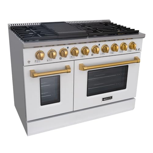 Akicon 48 Inch Freestanding Gas Range - 6.7 cu. ft. Double Rapid Convection Gas Oven - Gas Stove with 8 Sealed Burners & a Griddle, Heavy Duty Cast Iron Grates (Stainless Steel & Gold)