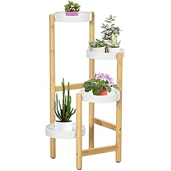 Maceteros Rinconeros Outsunny Soporte para Plantas Estantería para Plantas con Pies de Bambú Estantería para Flores con 4 Estantes Redondos Carga 20 kg para Interior y Exterior Ø28x80 cm Natural y Blanco