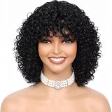 LYOLKSER short curly human hair wig with bangs 200% density 100 percent human hair glueless no lace wigs for women 12 inch natural black color