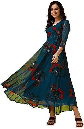 Fashion2wear Women's Georgette Casual Floral Digital Print V-Neck 3/4 Sleeve Knee-Length Fit & Flare Long Maxi Gown Dress for Girls (Barbie)