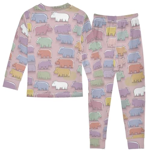 Pajama Sets Long Sleeve Colorful Hippo Pattern on Fabric Soft Comfy Sleepwear 2 Piece PJS 3-8T3