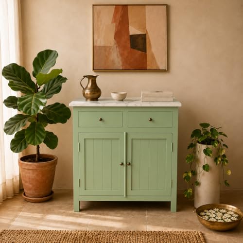 Image of Solid Wood Madrid Sideboard Cabinet (S) | Sideboard with Sintered Stone Top | Finish- Acrylic Sage Green