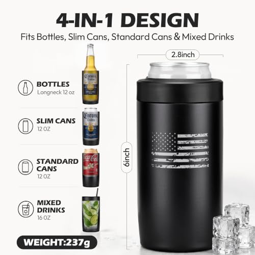 Image of 4-in-1 Slim Can Cooler Easy to Hold Insulated Beer Can Holder Double-walled Stainless Steel for All 12 Oz Cans (Black America Flag)