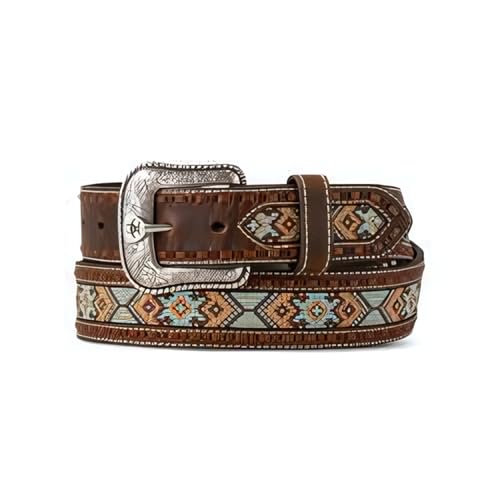 ARIAT Men's Southwest Embroidery Inlay Step Laced Leather Belt, Multicolor, 36