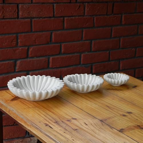 Image of Marble Urli Bowl for Decoration | Big Potpourri Decorative Bowls in Home decor | Large White Floating Flower Plates of Stone | Small Shape puja Item | (12 inch, Ruffle)