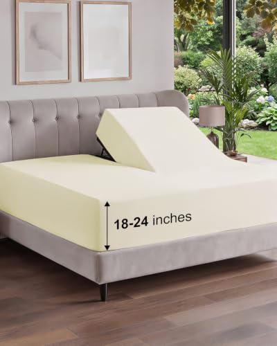 Image of Extra Deep Flex Top Split Head King Fitted Sheet - Hotel Luxury Single Fitted Sheet Only - Easily Fits 18 inch to 24 inch Mattress - Ultra Soft, Wrinkle Free w /Extra Deep Pockets - Off White