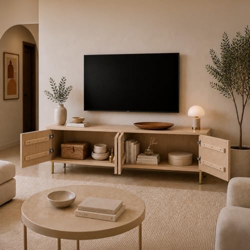 Image of The Attic Arcus TV Cabinet, Solid Wood Sideboard TV Cabinet for Living Room, Natural Finish