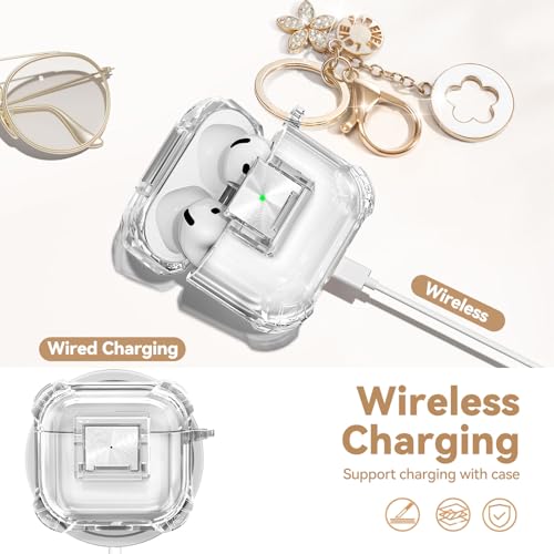 Image of for Airpods 4 Case with Safety Lock,Clear Case Soft TPU Shock-Proof Protective Cover with Cute Bling Keychain and Cleaner kit for Women Girls-Clear White