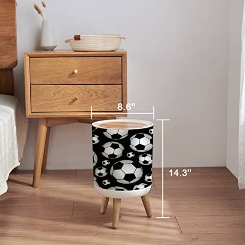 Image of Trash Can with Lid Cute Seamless with Soccer Balls Press Cover Small Garbage Bin Round with Wooden Legs Waste Basket for Bathroom Kitchen Bedroom 7L /1.8 Gallon