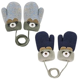 TUONYIS 2 Pares Guantes Invierno Niños Manoplas, Lindos Guantes Termicos de Punto con Forro Peludo para Colgar en el Cuello para Niñas y Niños de 0 a 3 Años