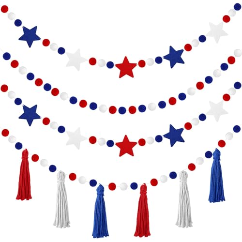 Image of Jansun 4 Pack 26.3 Ft 4th of July Patriotic Red Blue White Stars Banner | Tassel Pom Pom Red Blue White Star Garland, for Independence Day Veterans Party, Memorial Day Birthday Hanging Decorations