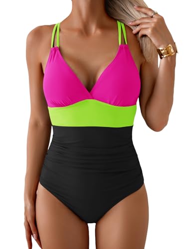 Image of Aidonger Women's One Piece Color Block Swimsuit Tummy Control Slimming Bathing Suit V Neck Cutout High Waisted Swimwear