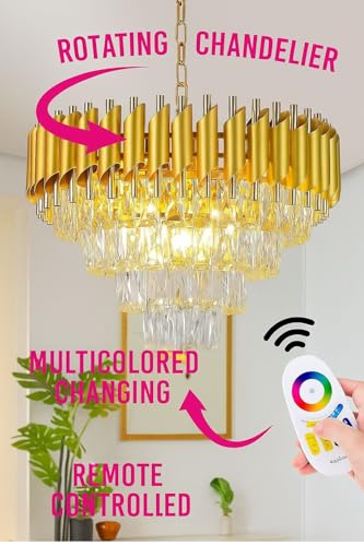 Image of Modern Ceiling Lamp 4-Tier Round Crystal Chandelier for Living Room | Bluetooth Remote Control and Moving Round| Speaker+ Multi Color LED Light (Remote Full Gold, 500MM)