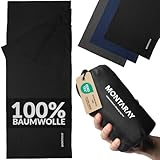 Hüttenschlafsack Baumwolle – Doppellagig, kleines Packmaß Weich & Hautfreundlich mit Kissenfach, Augenmaske & Ohrstöpsel – Atmungsaktiv & Kompakt, 220x90cm – Ultraleicht für Hütte & Reise Blk