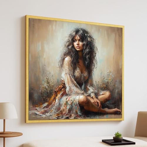 Peinture impressionniste portrait féminin sur toile 20x20 art bohème tons naturels