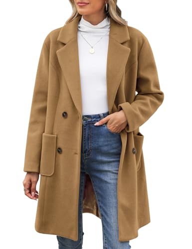 CMTOP Wintermantel Damen V-Ausschnitt Revers Mantel Lang Warm Wollmantel Herbst Winter Damen-mäntel Gerade Zweireihiger Übergangsmantel Elegant Damenmantel mit...