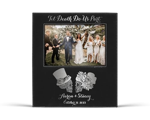 Alterd Industries Custom Picture frames - Engraved Skeleton Couple 8x10 Photo Frame with 4x6 Photo Display -Til Death Do Us Part Wedding Decor - Halloween Gift Idea (Sugar Skulls - Black/Silver - 4x6)