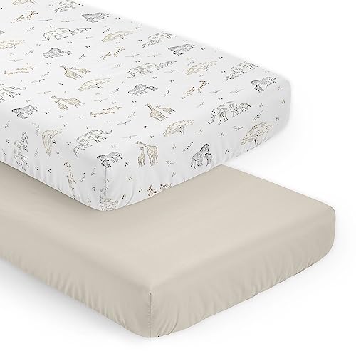 Image of Sweet Jojo Designs Jungle Safari Animals Boy Girl Gender Neutral Unisex Baby Fitted Crib Sheet Set Infant Newborn Nursery Toddler Bed Room Standard Mattress 2p Solid Beige Tan Animal Elephant Wildlife