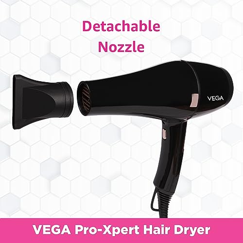 VEGA Pro-Xpert 2200W Professional Hair Dryer For Women With 2 Speed/3 Heat Settings, Cool Shot Button, Diffuser & 2 Detachable Nozzles, Travel Friendly, (Vhdp-03), 2000 Watts,Black - Image 6