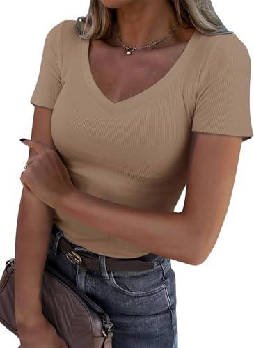 T-shirt côtelé pour femme TrendiMax basique blanc col en v