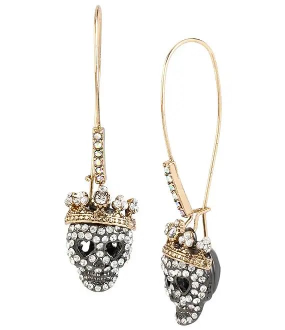 MEsay Gothic Elegance Pave Skull Dangle Earrings Intricate Crown Detail