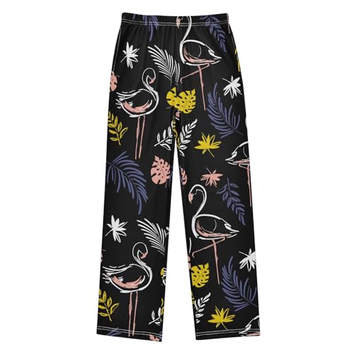 Flamingo Tropical Palm Leaves Boys Long Pants Soft Trousers Elastic Waist Kids Lounge Bottoms with Pockets S-XL