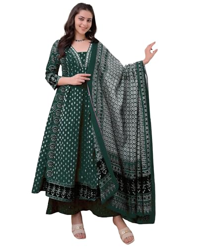 ANNI Designer Women's Rayon Viscose Anarkali Printed Kurta with Palazzo & Dupatta (NAKULA GREEN-VKS02_M_Green_Medium)